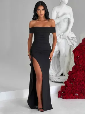 Off-Shoulder Ruffled Maxi Dress Thigh High Split Slash Neck Backless Bodycon Sexy Party Evening Dress Elegant