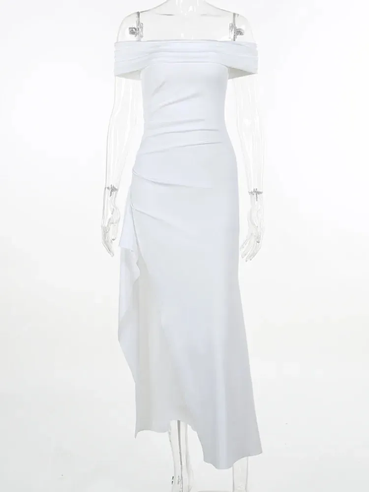Off-Shoulder Ruffled Maxi Dress Thigh High Split Slash Neck Backless Bodycon Sexy Party Evening Dress Elegant