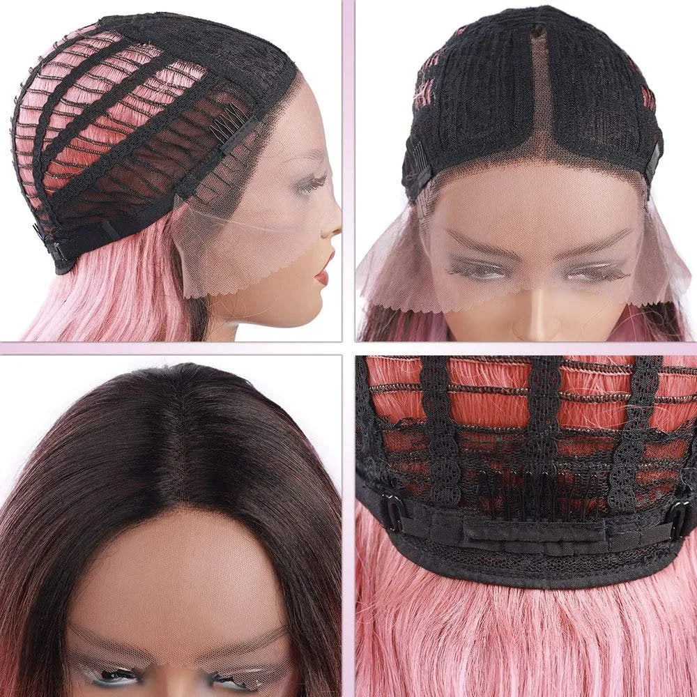 Ombre Black to Pastel Petal Pink Straight Middle Parting Lace Wig Synthetic Hair Natural looking and soft to touch Free Shipping Included