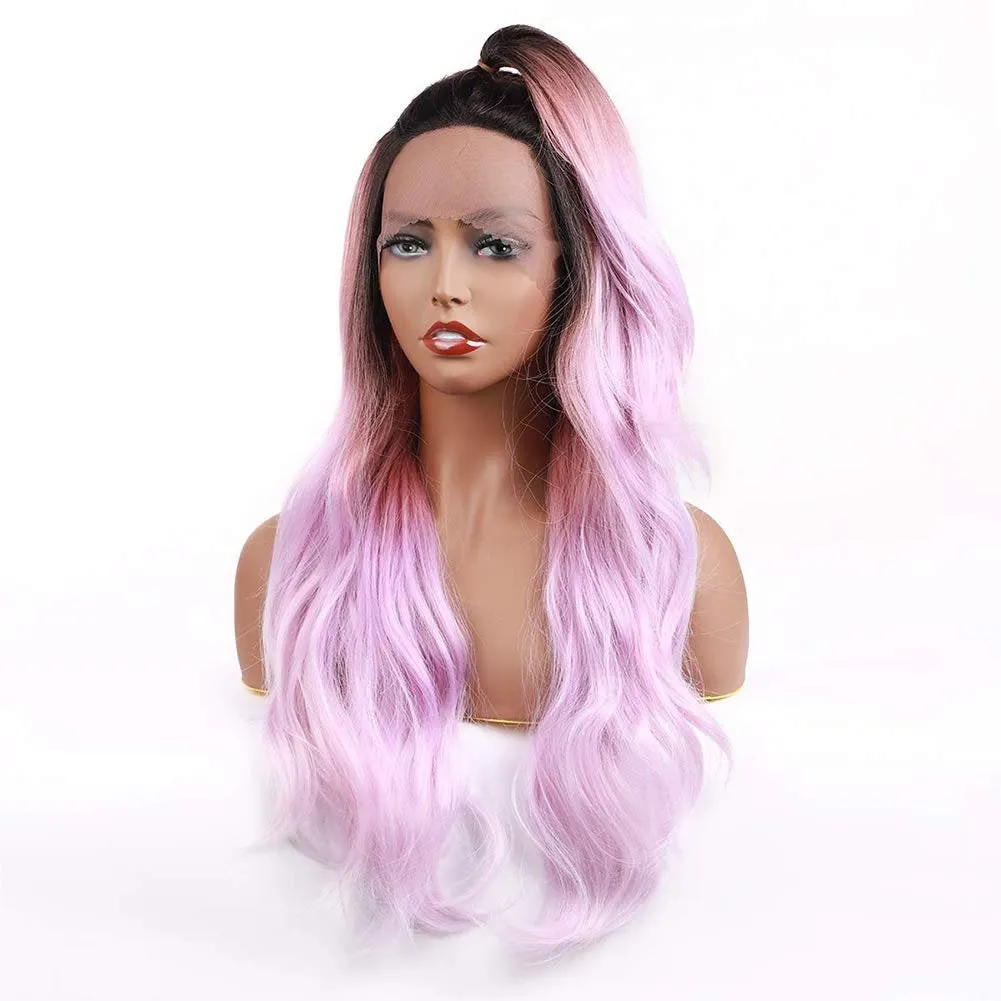 Ombre Black to Pastel Petal Pink Straight Middle Parting Lace Wig Synthetic Hair Natural looking and soft to touch Free Shipping Included