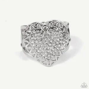 Paparazzi " Romantic Escape " Silver Metal & White/Clear Rhinestone Heart Elastic Ring