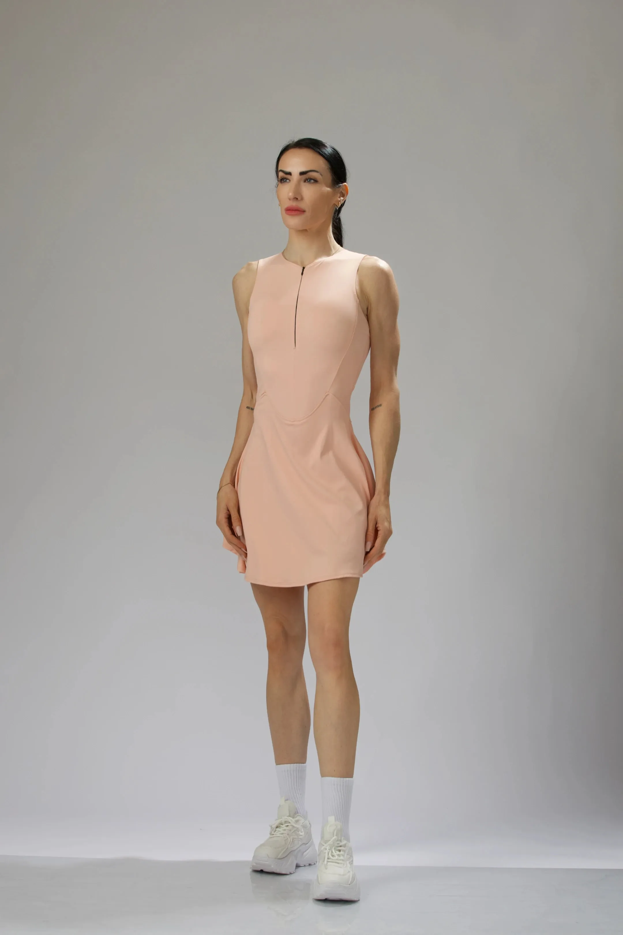 Performance Mesh Back Zip Dress with Built-In Shorts & Pockets