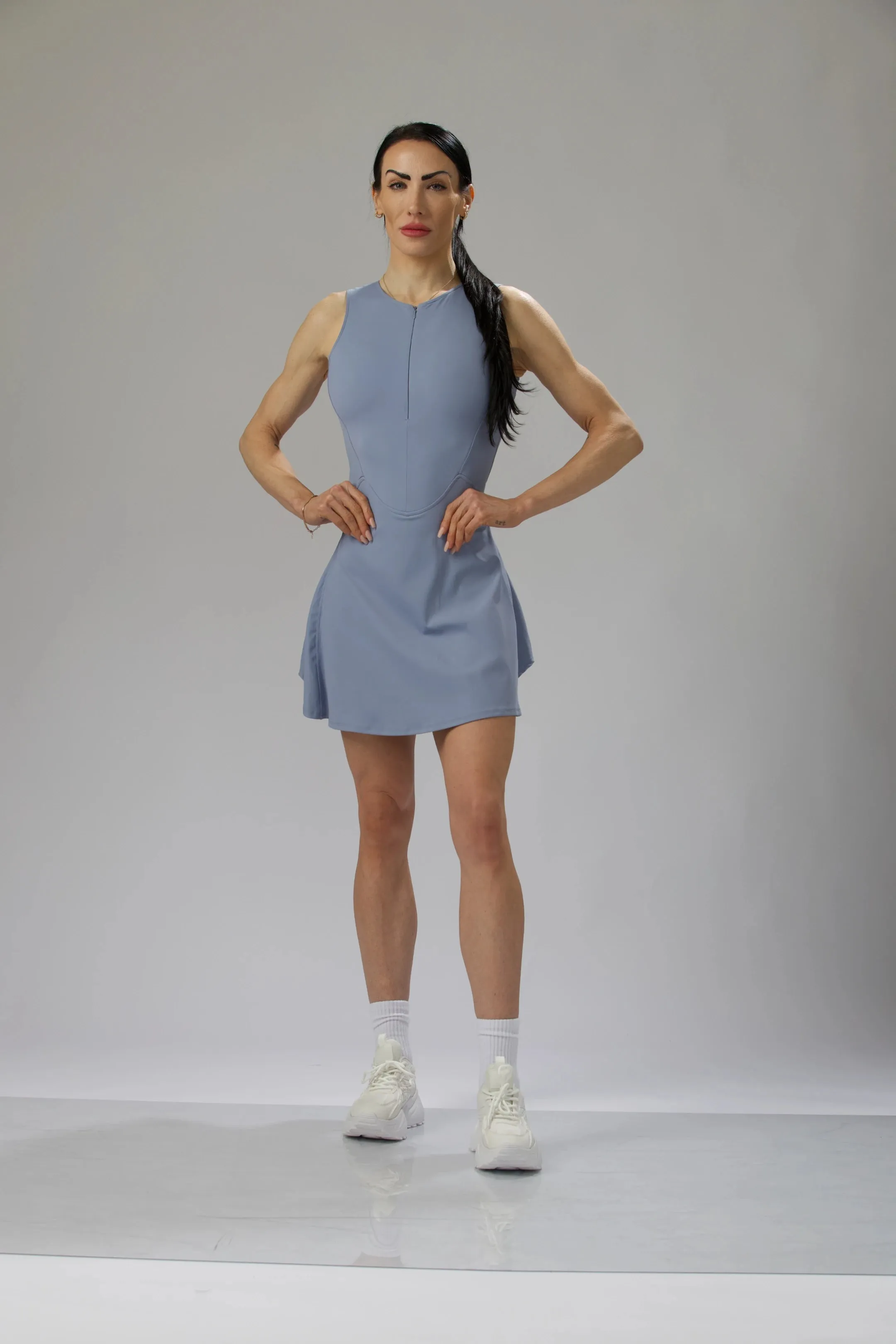 Performance Mesh Back Zip Dress with Built-In Shorts & Pockets
