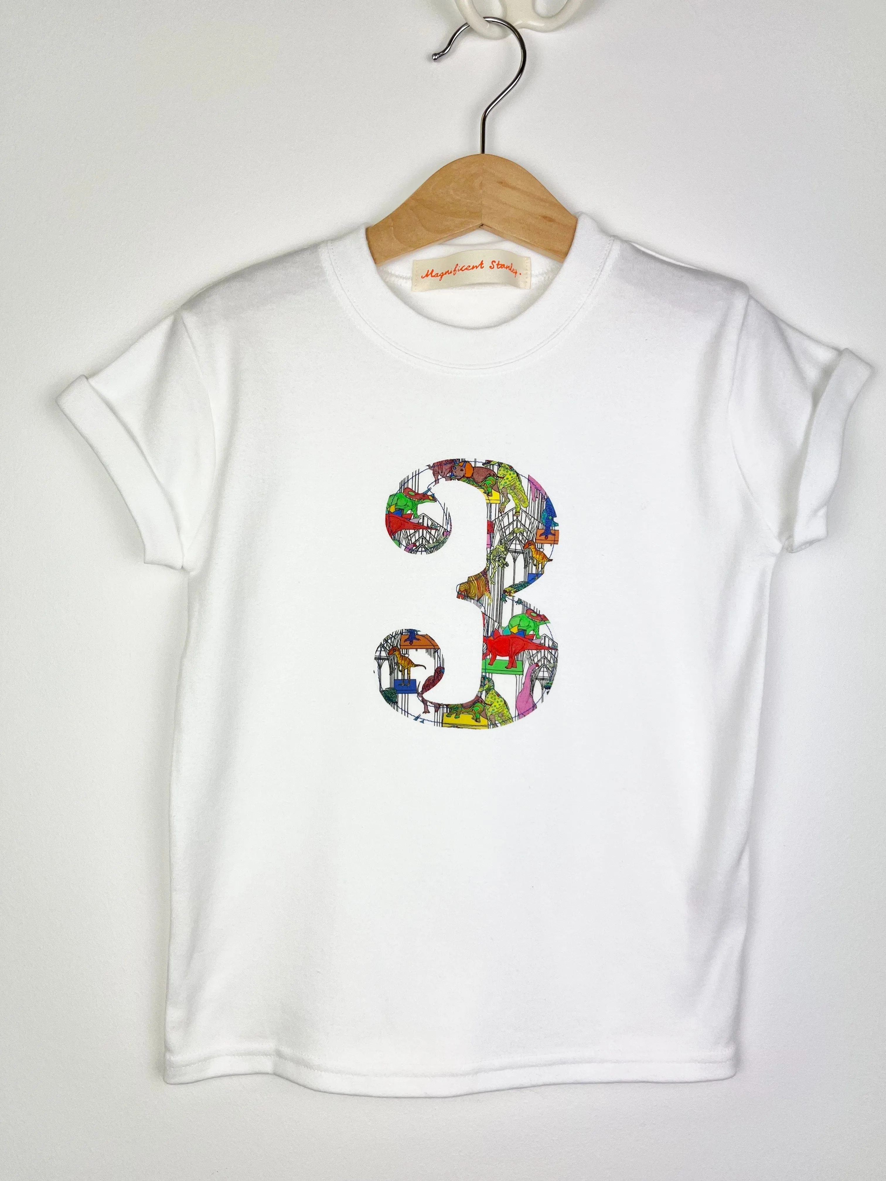 Personalised or Number White T-Shirt in Dinosaur Liberty Print