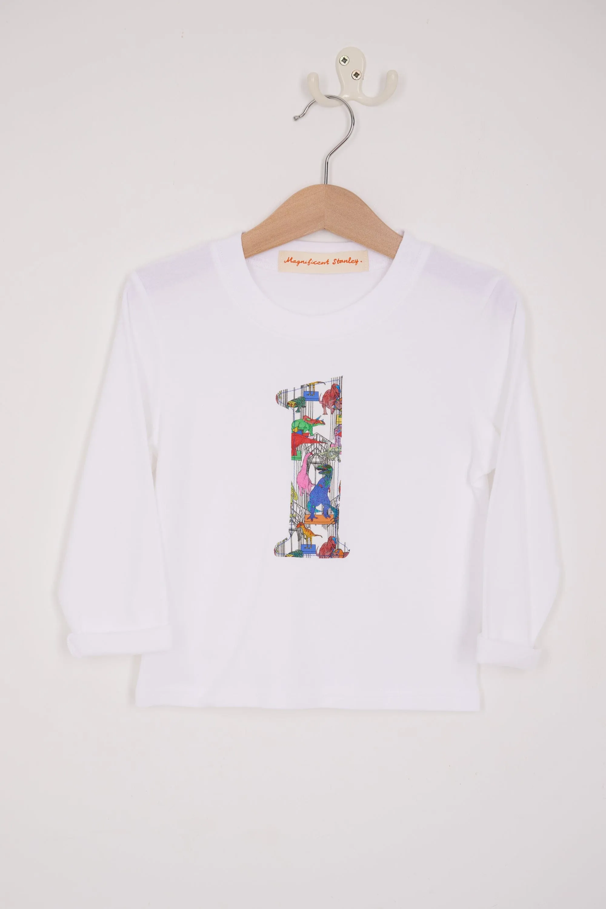 Personalised or Number White T-Shirt in Dinosaur Liberty Print