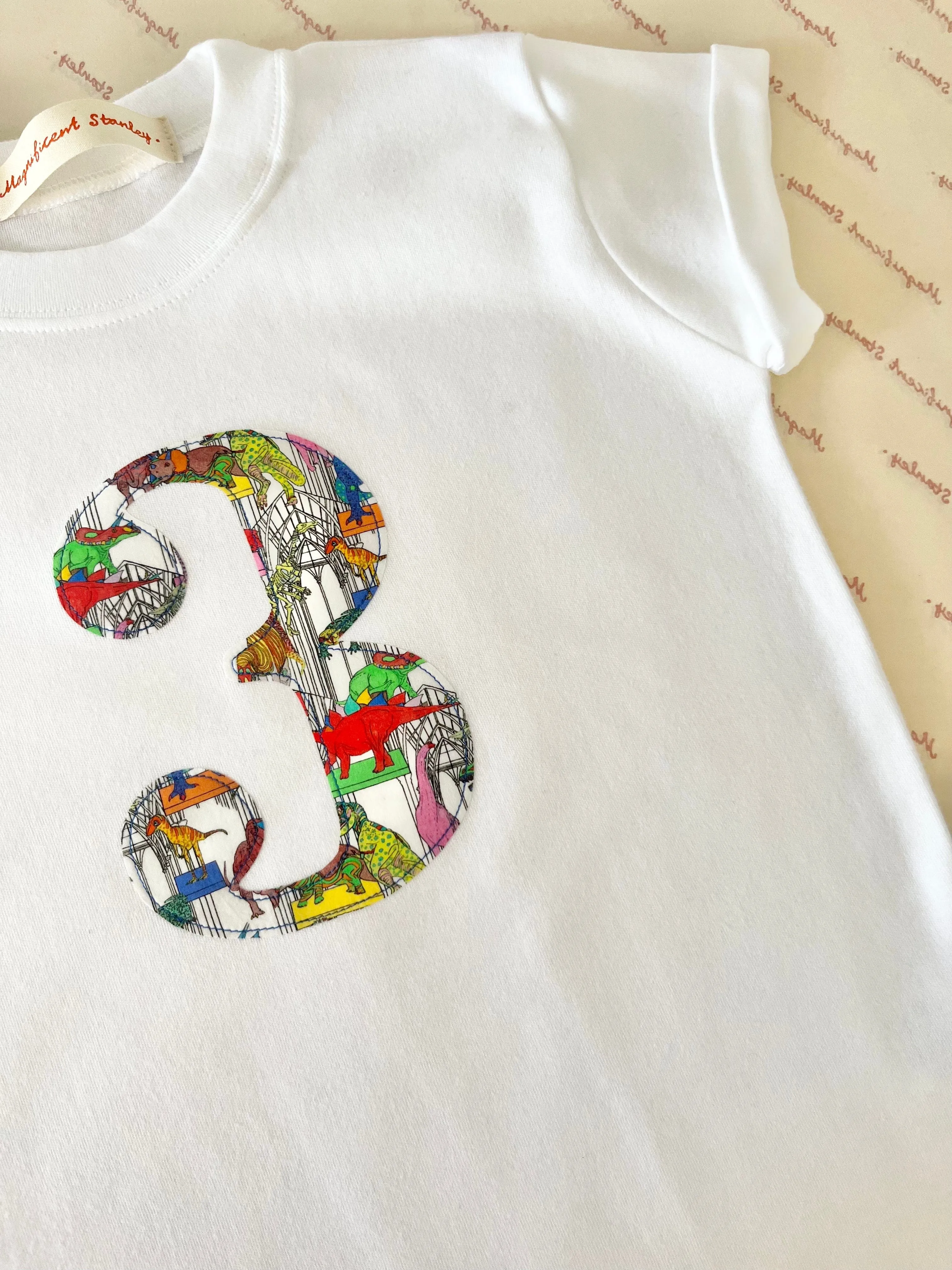 Personalised or Number White T-Shirt in Dinosaur Liberty Print