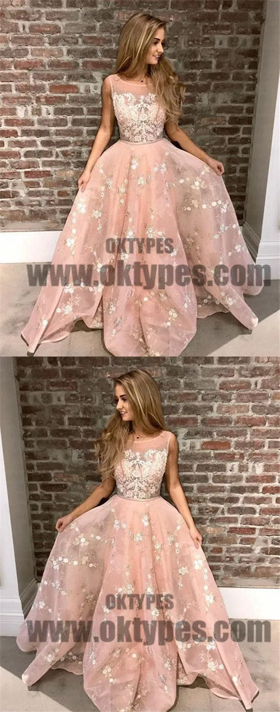 Pink Long Appliques Tulle Prom Dresses, Scoop Evening Prom Dresses, Prom Dresses, TYP0471