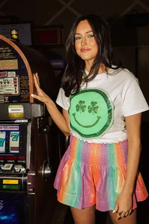QUEEN OF SPARKLES- RAINBOW LEATHER SMOCKED SHORTS
