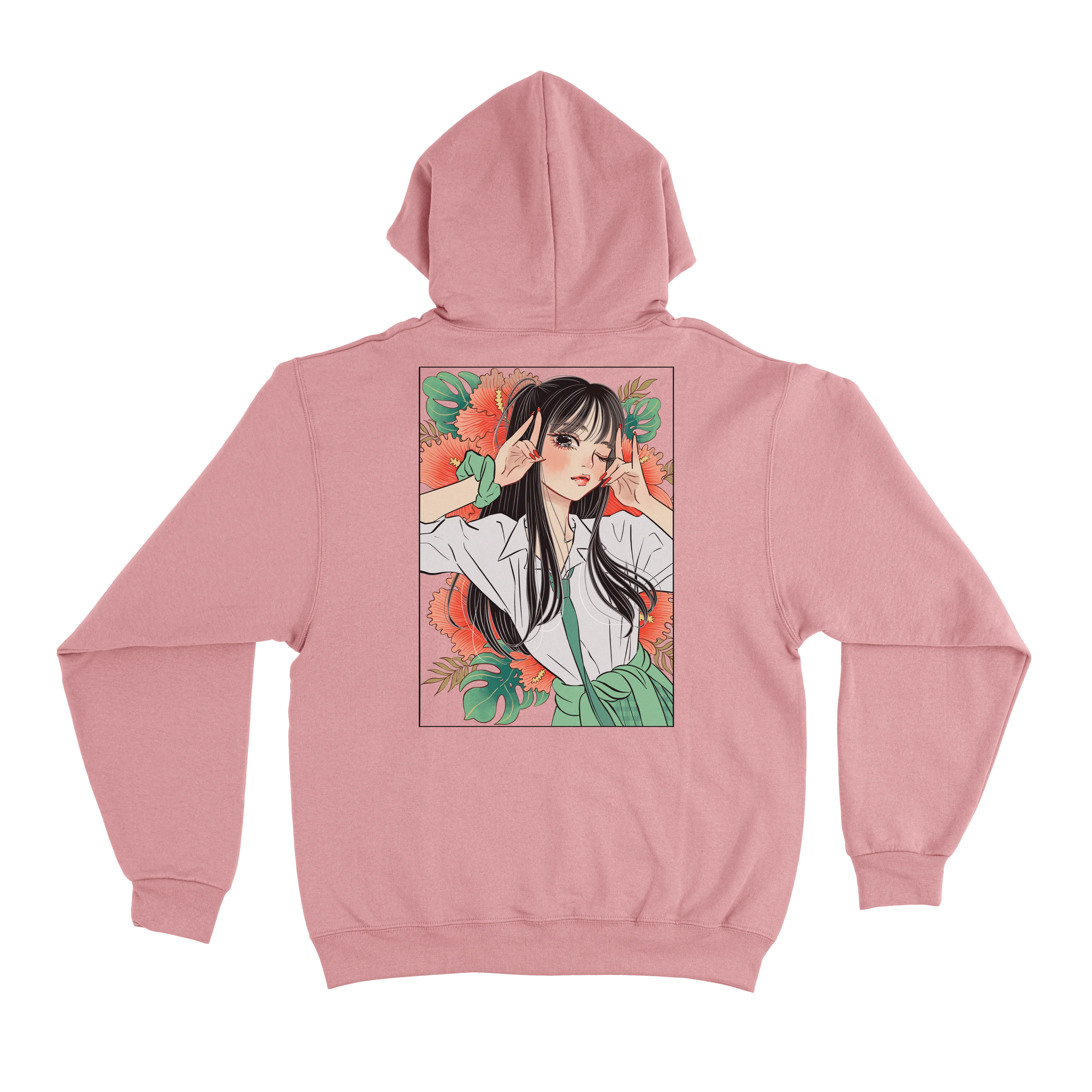 "Fox Pose" Basic Hoodie White/Light Pink/Pink