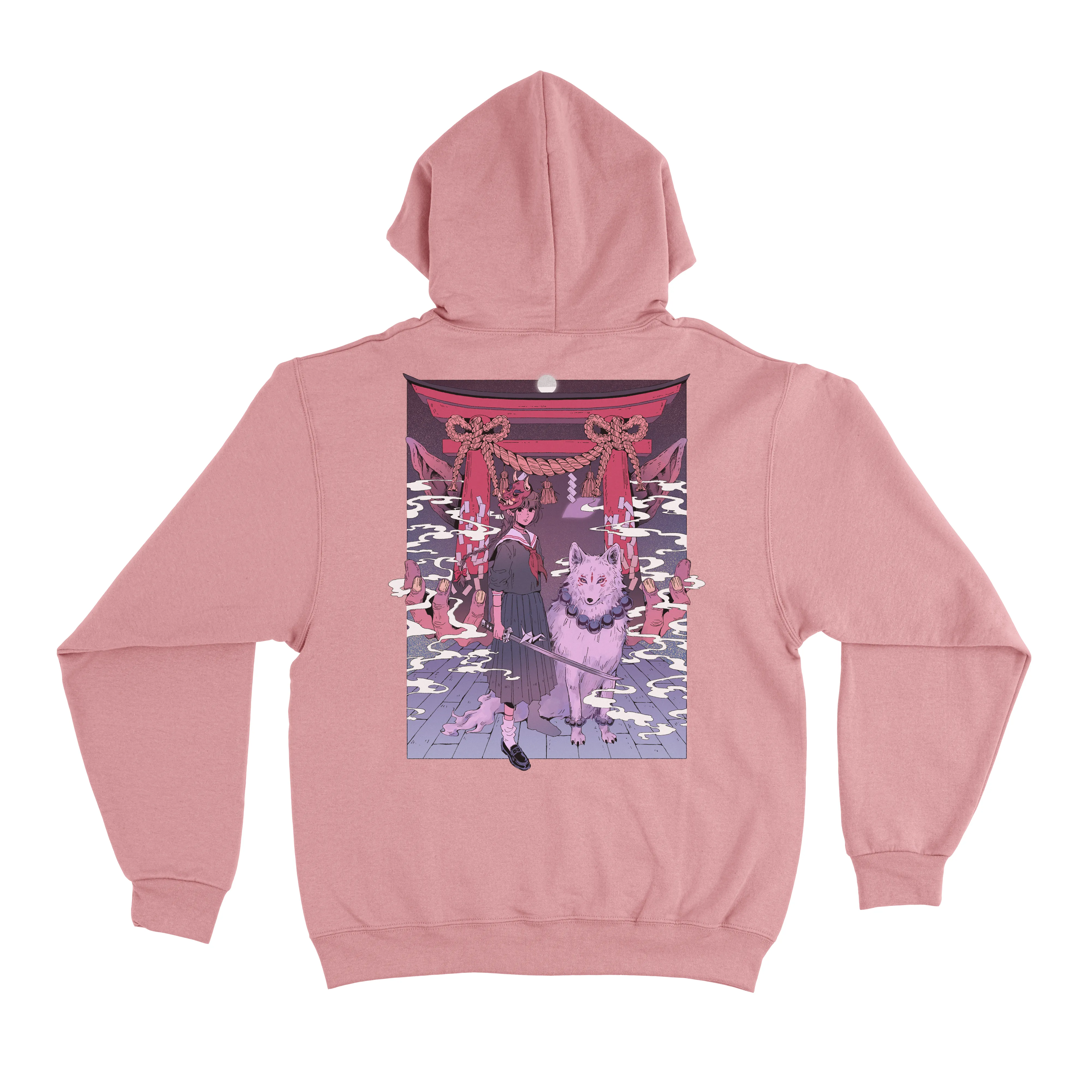 "Oni-Shikigami" Fleece Hoodie Light Pink