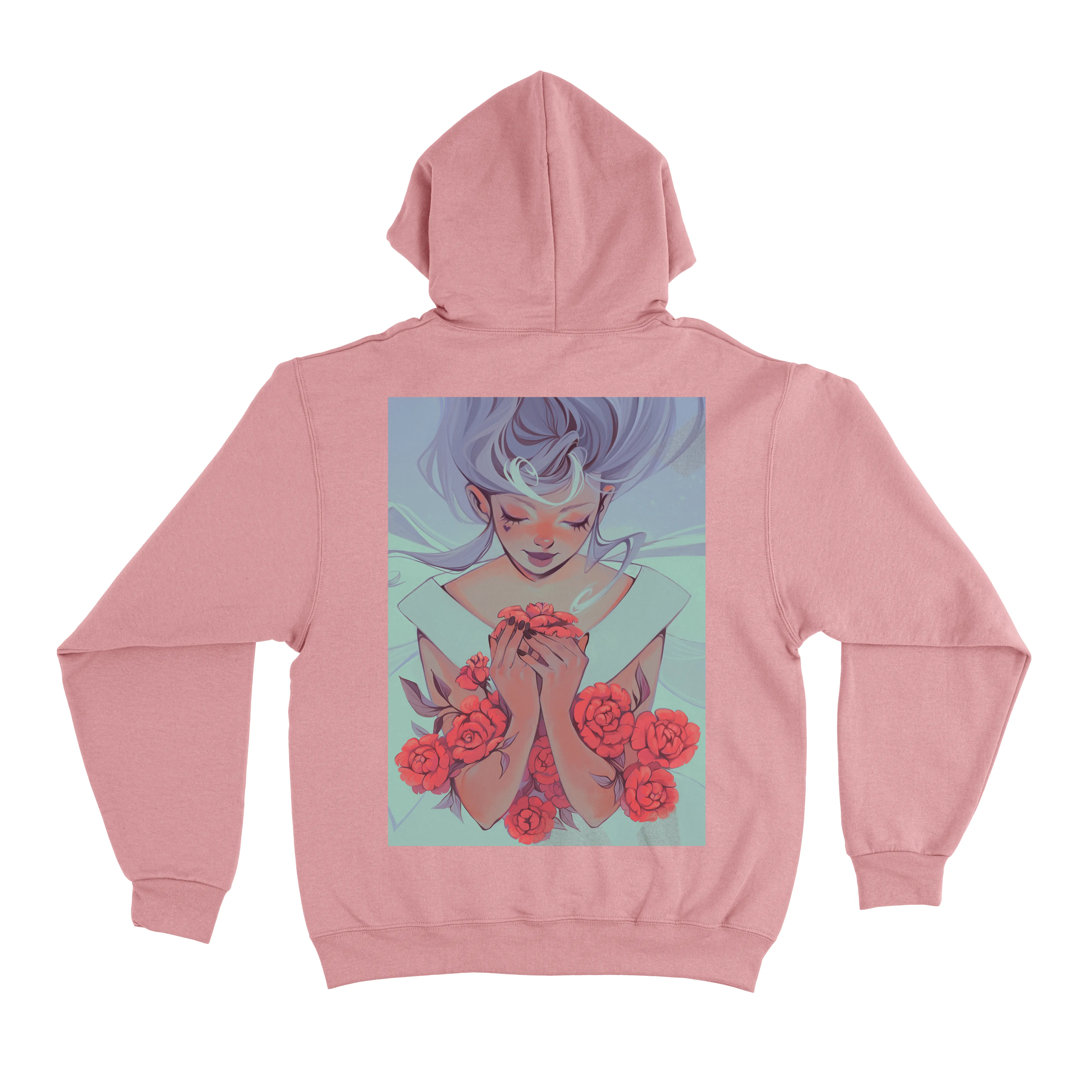"Red Roses" Fleece Hoodie Light Pink