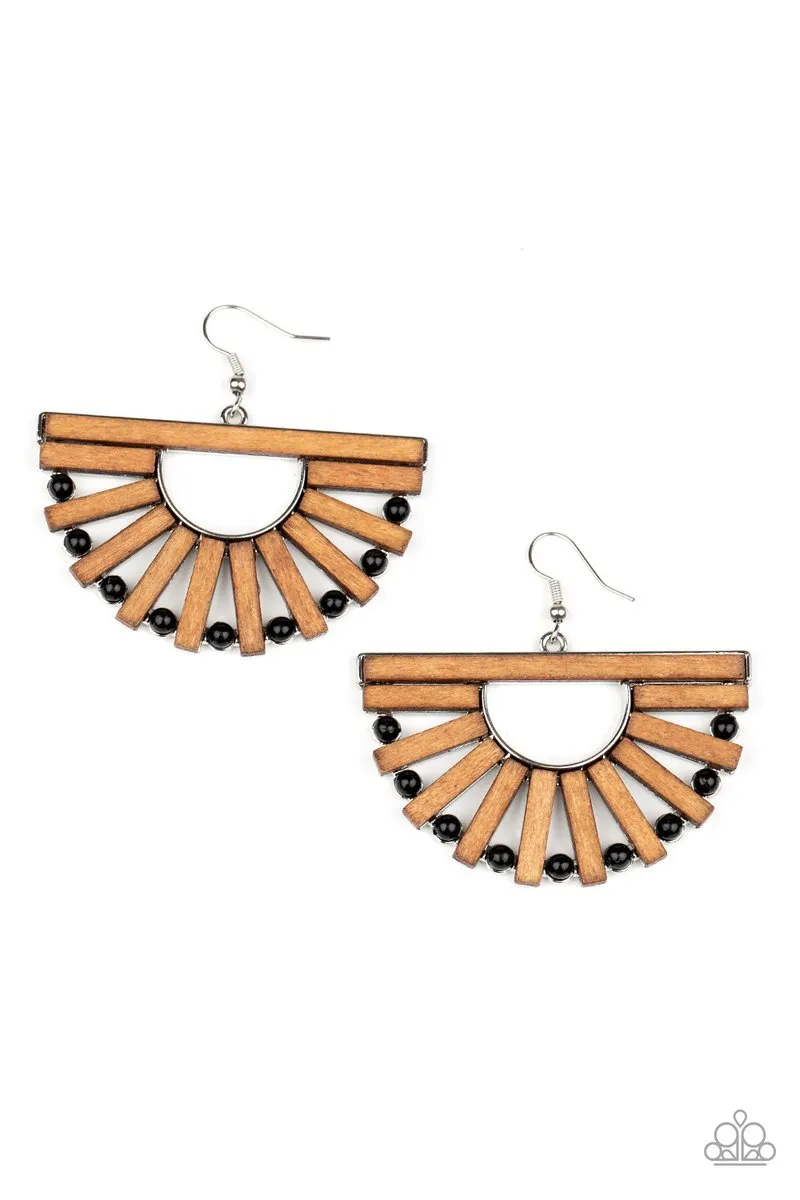 "Wooden Wonderland" Silver Metal Wood & Black Beaded Dangle Earrings