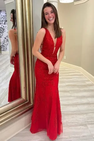 Red Lace Mermaid V-neck Floor Length Prom Dress, Long Formal Dresses, SP809