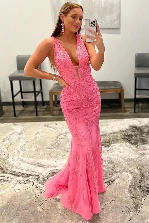 Red Lace Mermaid V-neck Floor Length Prom Dress, Long Formal Dresses, SP809