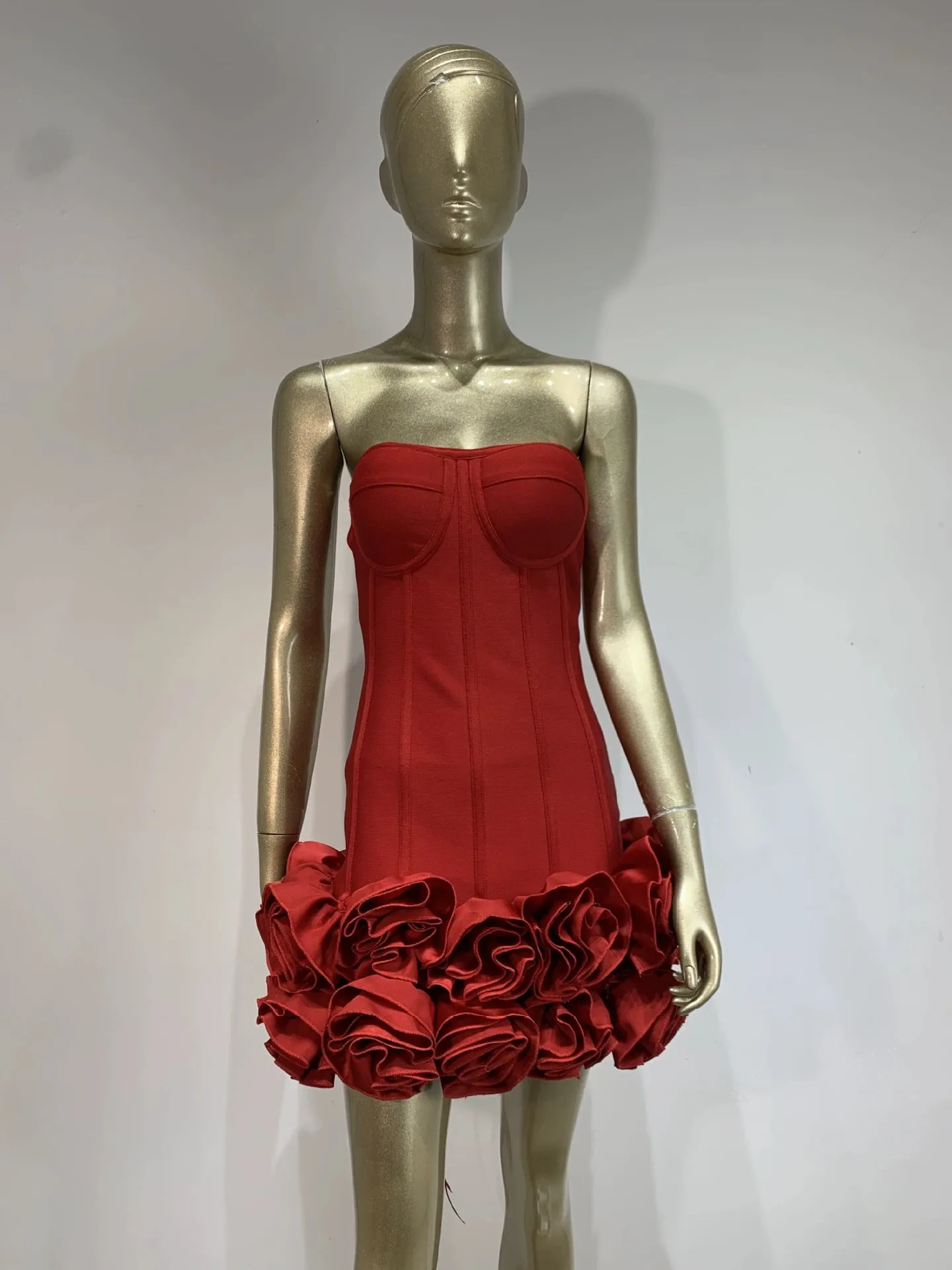 Red Strapless Corset Flower Mini Dress