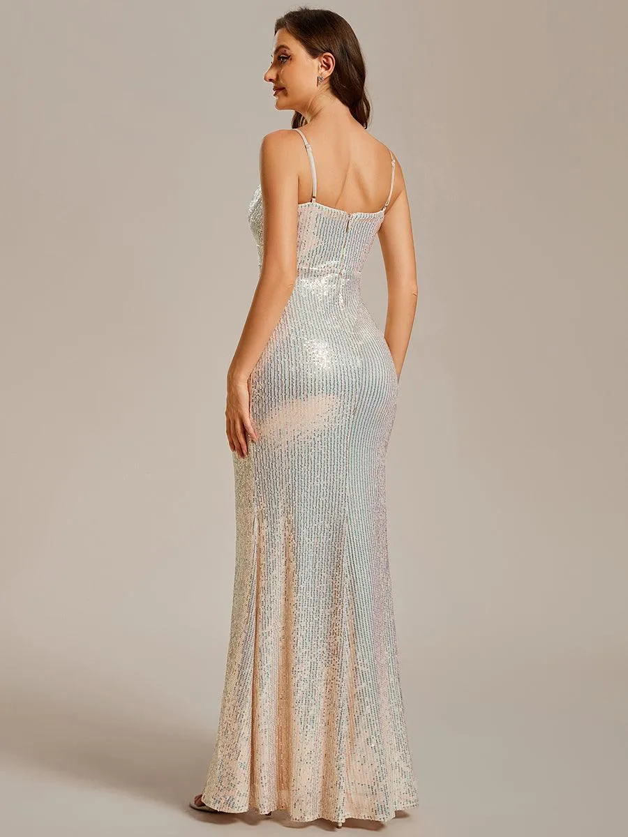 Robe de soirée à sequins et bretelles spaghetti réglables plissées à col en V profond