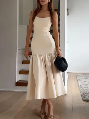 Ruffled Patchwork Midi Dress New Fashion Slim High Waist Backless Pleated Sleeveless Long Dress