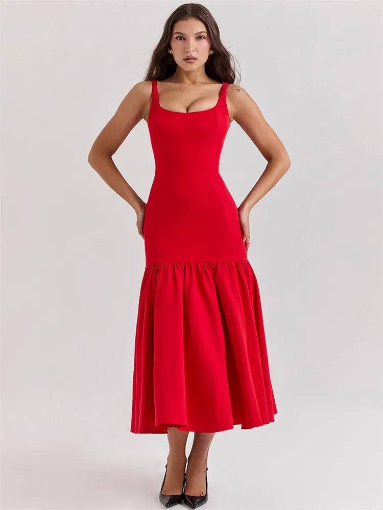 Ruffled Patchwork Midi Dress New Fashion Slim High Waist Backless Pleated Sleeveless Long Dress