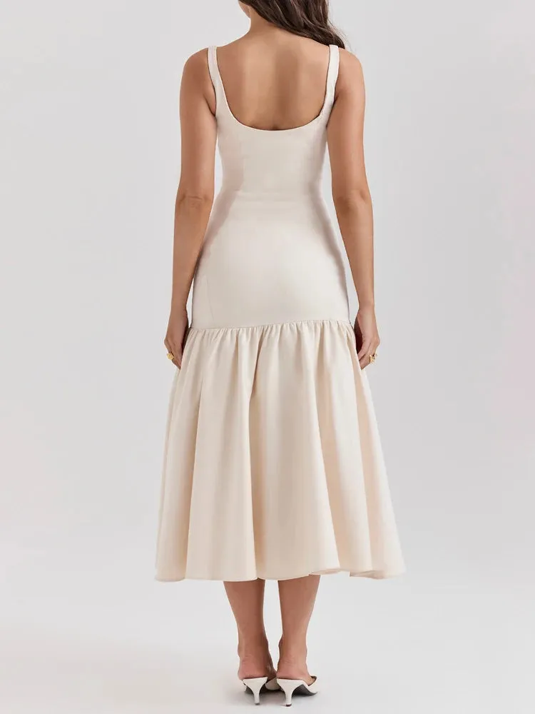 Ruffled Patchwork Midi Dress New Fashion Slim High Waist Backless Pleated Sleeveless Long Dress