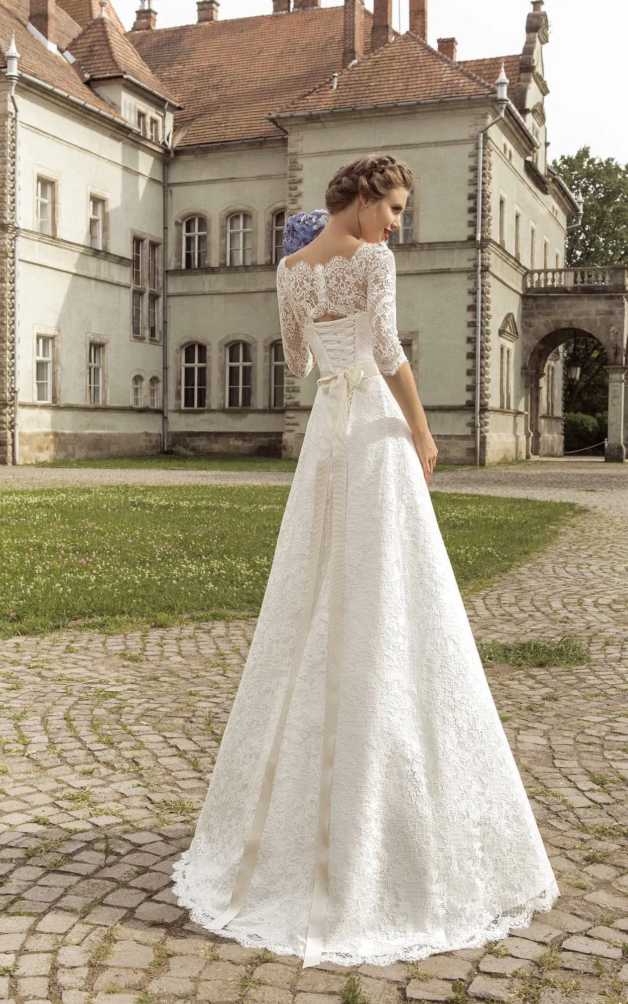 Scalloped Neckline Half Sleeve Floor-length A-line Lace-up Dress With Crystal Detailing-714071