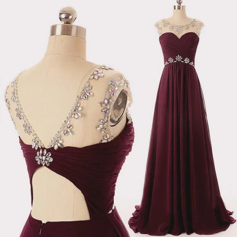 Scoop Neck Long Chiffon Prom Dresses Crystals Beaded Floor Length Party Dresses Custom Made Women Dresses,PDY0289