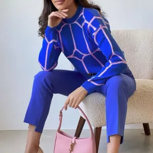 Serenade Geometric Pattern Long Sleeve Crew Neck Knit Sweater