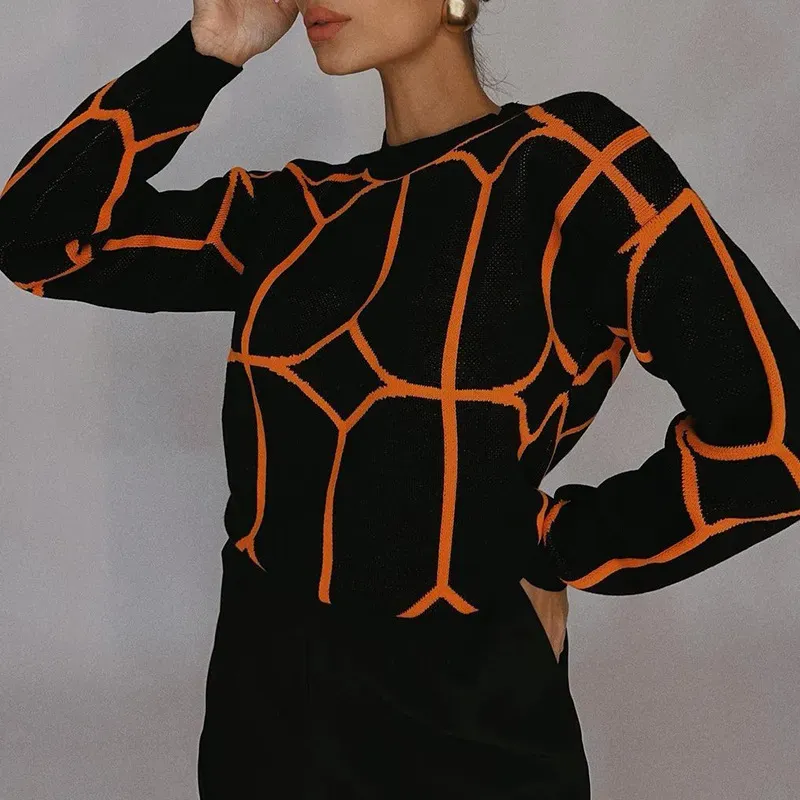 Serenade Geometric Pattern Long Sleeve Crew Neck Knit Sweater