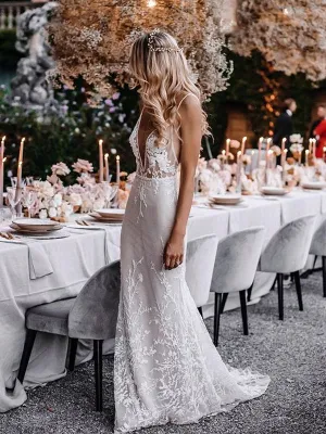 Sexy Deep V-neck Mermaid Tulle Lace Simple Wedding Dresses. WDS0097