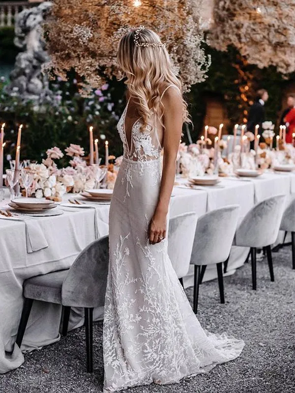 Sexy Deep V-neck Mermaid Tulle Lace Simple Wedding Dresses. WDS0097