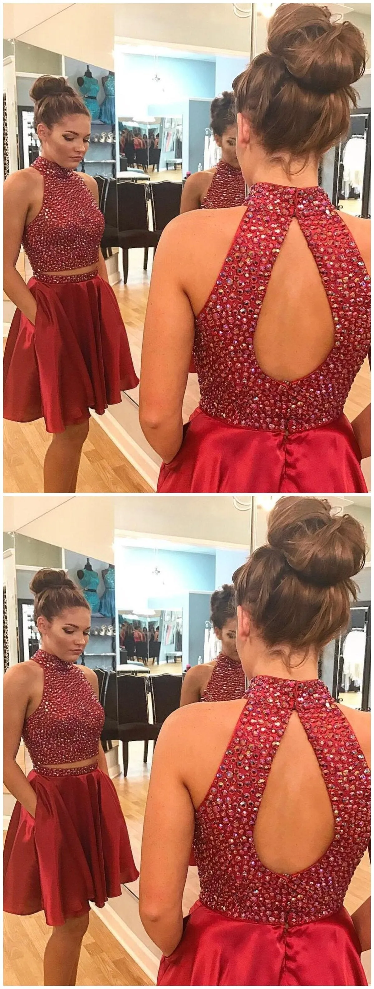 Sexy Two Piece Short Rhinestone Cute Red Homecoming Dresses, CM484