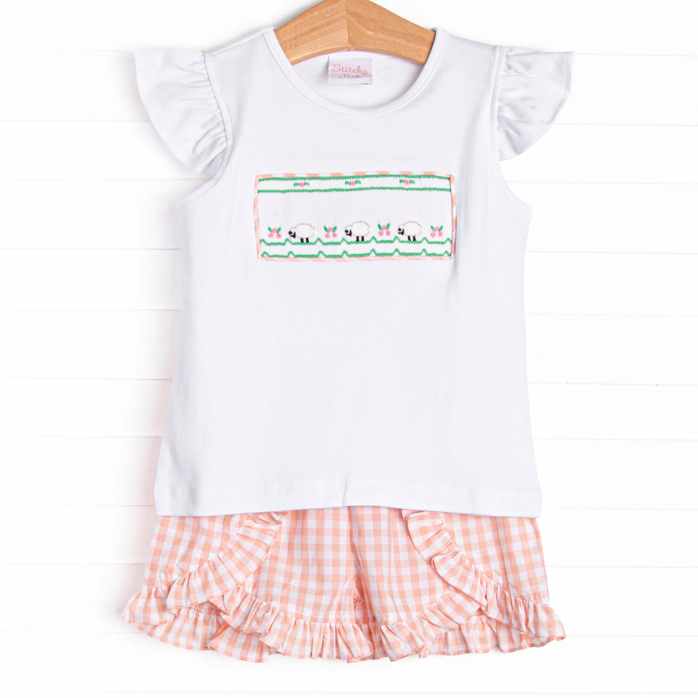 Shepherding Fields Smocked Ruffle Short Set, Pink