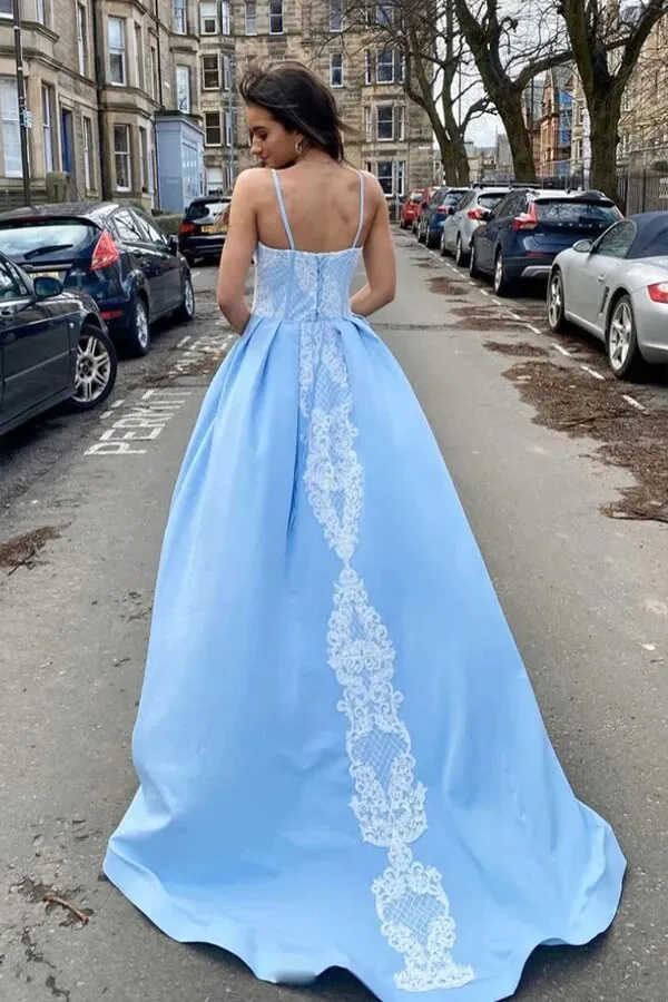 Sky Blue Satin A-line Sweetheart Lace Appliques Prom Dresses, Evening Gown, SP840