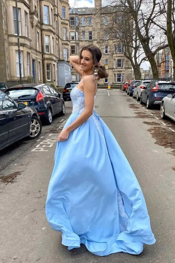 Sky Blue Satin A-line Sweetheart Lace Appliques Prom Dresses, Evening Gown, SP840