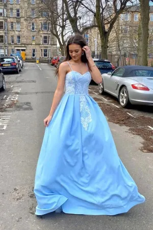 Sky Blue Satin A-line Sweetheart Lace Appliques Prom Dresses, Evening Gown, SP840