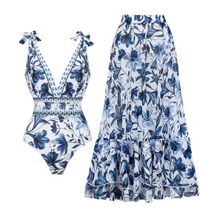 Sophia™ - Chic Floral V Neck One-Piece Swimsuit Set