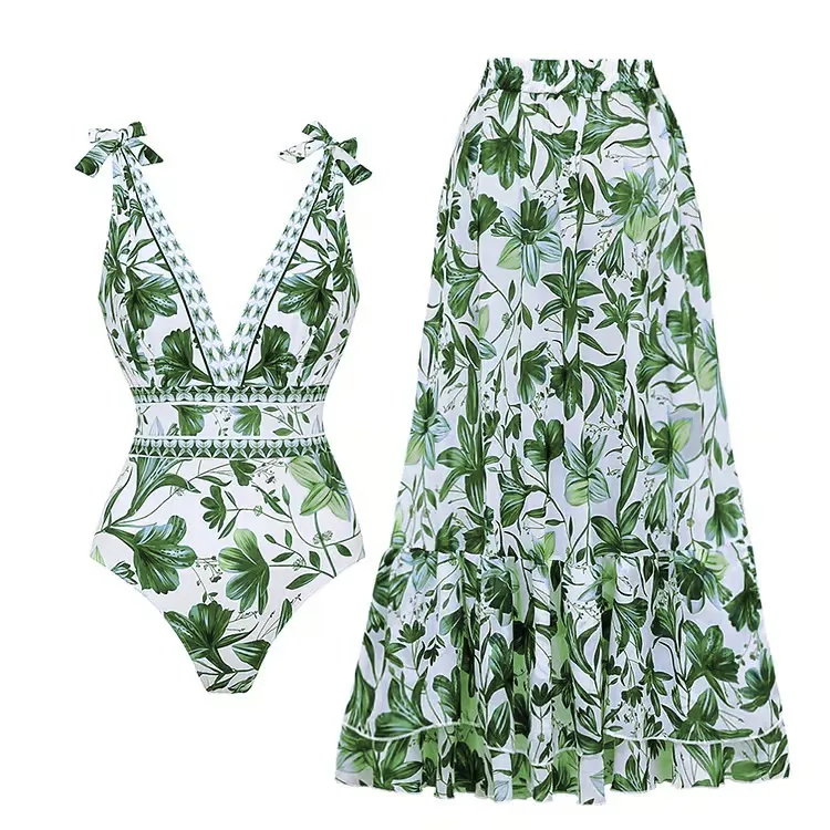 Sophia™ - Chic Floral V Neck One-Piece Swimsuit Set