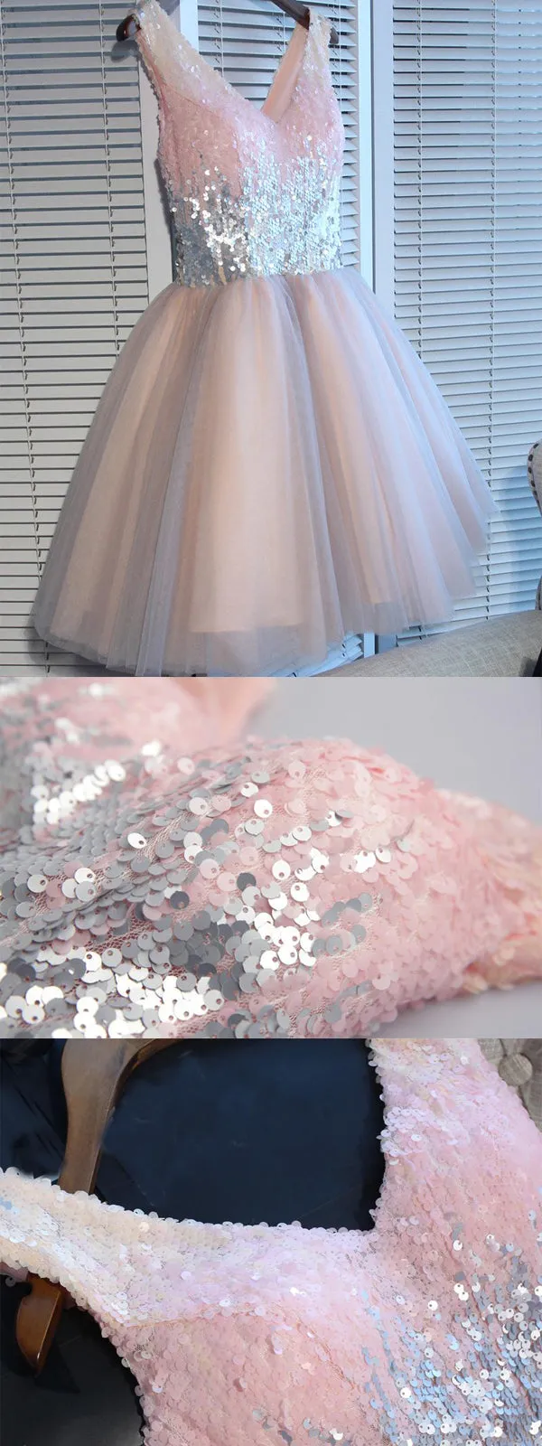 Sparkly V Neck Sequin Cute Short Pink Homecoming Dresses 2018, BDY0319
