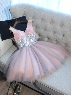 Sparkly V Neck Sequin Cute Short Pink Homecoming Dresses 2018, BDY0319