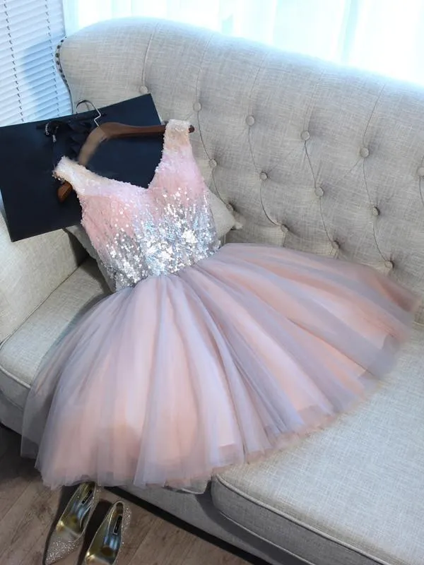 Sparkly V Neck Sequin Cute Short Pink Homecoming Dresses 2018, BDY0319