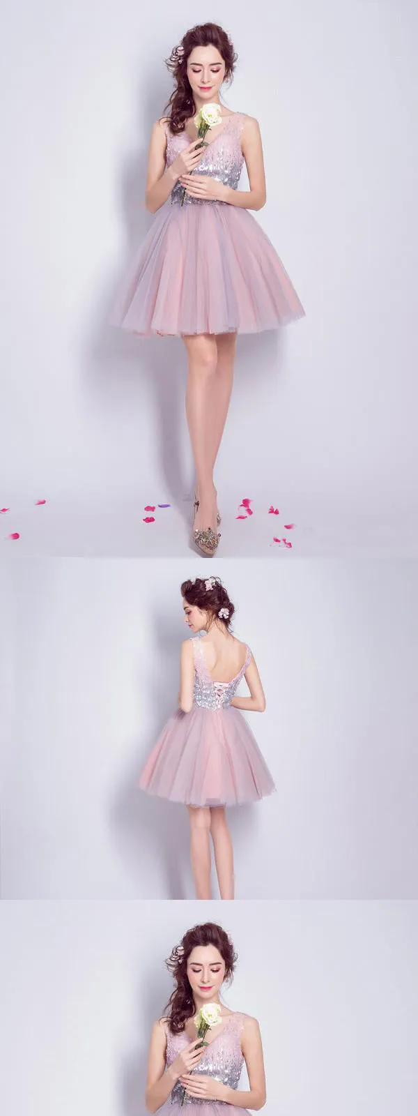 Sparkly V Neck Sequin Cute Short Pink Homecoming Dresses 2018, BDY0319