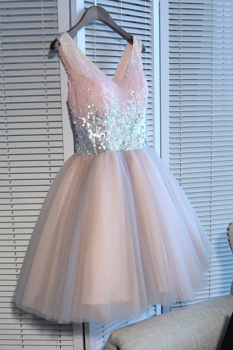 Sparkly V Neck Sequin Cute Short Pink Homecoming Dresses 2018, BDY0319