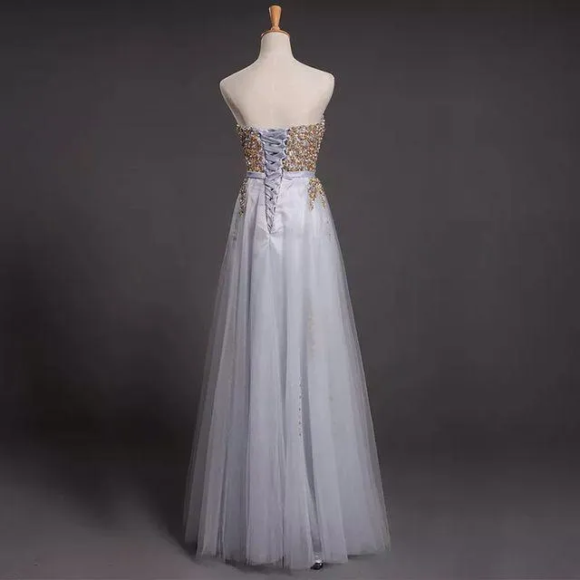 Sweetheart Rhinestone Long A-line Tulle Lace Up Prom Dresses, BG0159