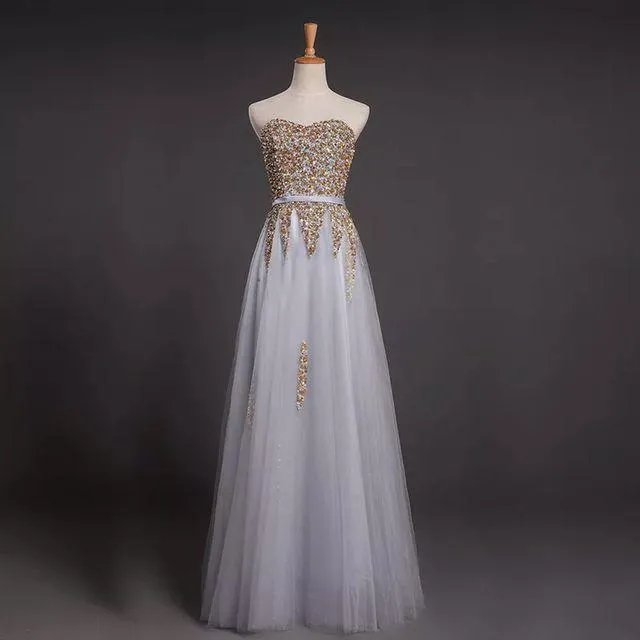 Sweetheart Rhinestone Long A-line Tulle Lace Up Prom Dresses, BG0159