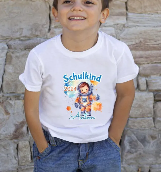 T-Shirt Schulkind mit Name Astronaut personalisiert Junge Einschulung Baumwolle Geschenkidee