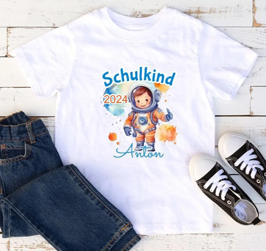 T-Shirt Schulkind mit Name Astronaut personalisiert Junge Einschulung Baumwolle Geschenkidee
