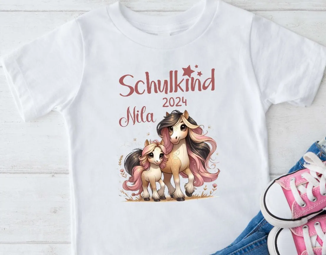 T-Shirt Schulkind Pferd mit Name personalisiert Mädchen Einschulungsshirt Einschulung erste Klasse Geschenk
