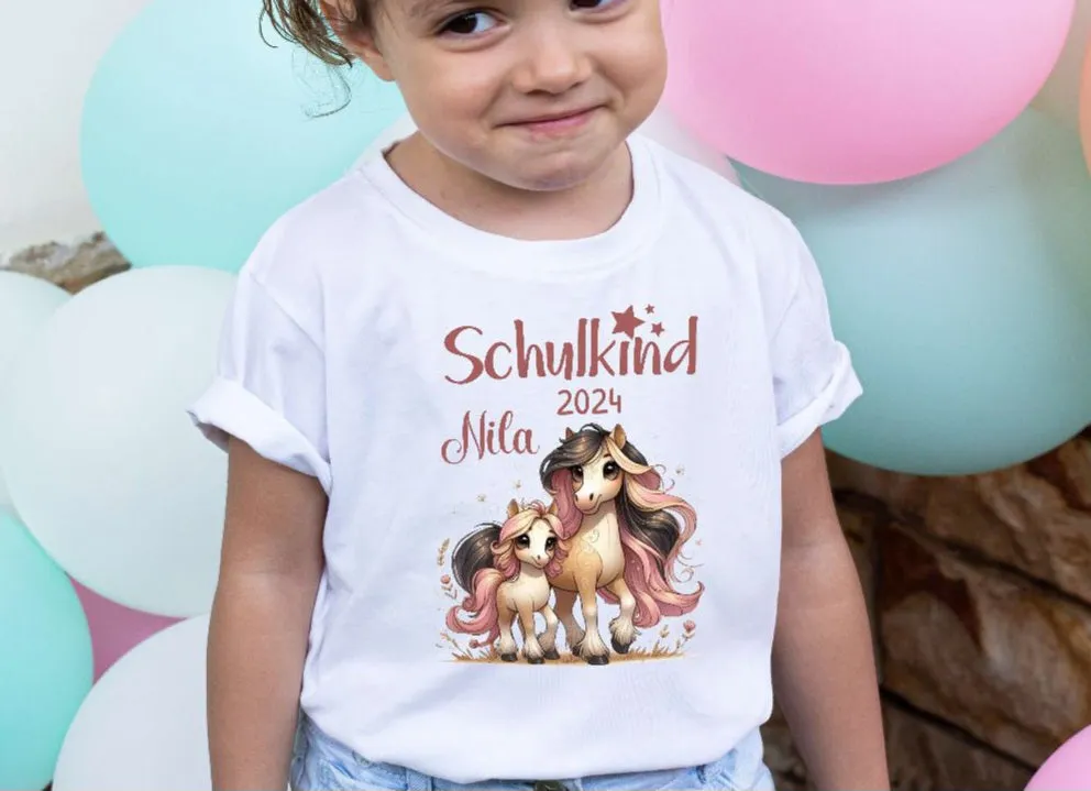 T-Shirt Schulkind Pferd mit Name personalisiert Mädchen Einschulungsshirt Einschulung erste Klasse Geschenk