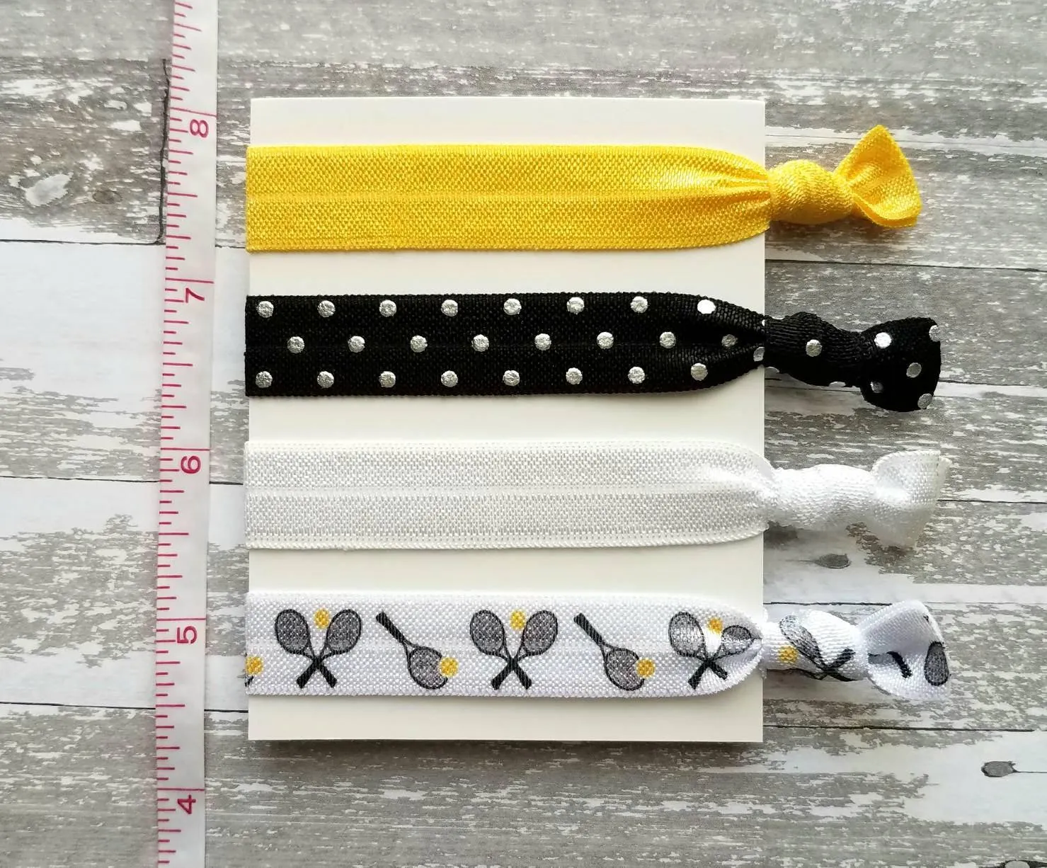 Tennis Hair Elastic Set, tennis ponytail holder, tennis hair band, tennis hair elastic, black yellow hair tie, polka dot hair set, accessory