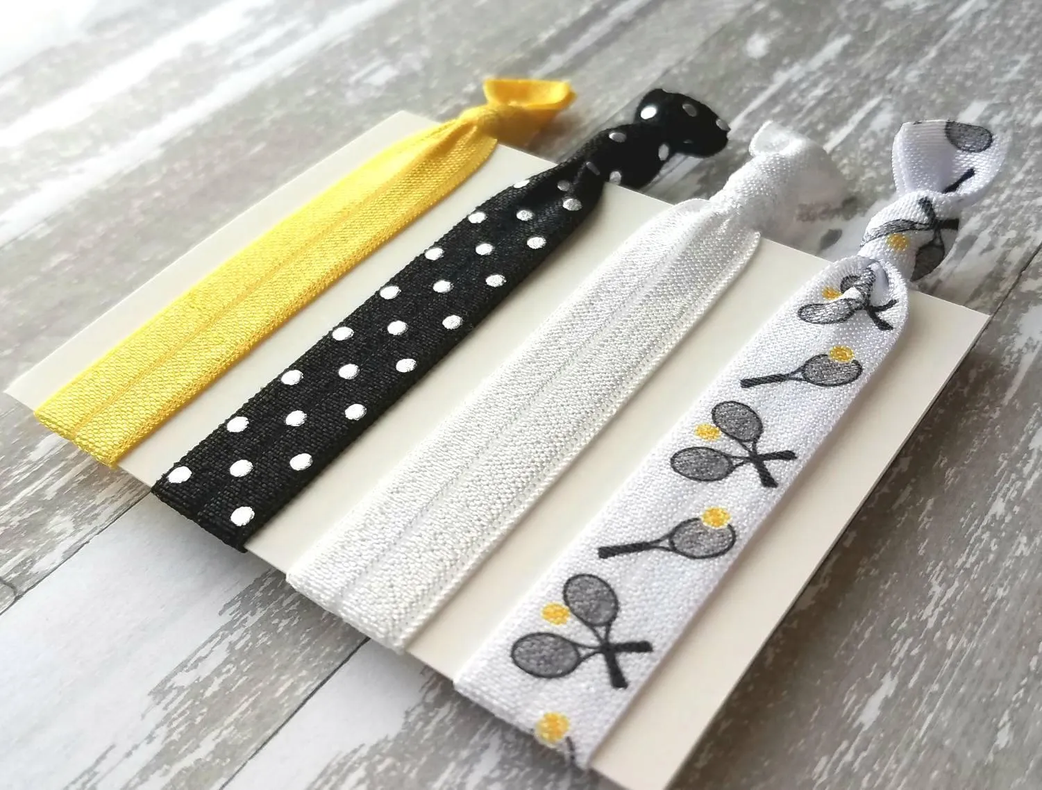 Tennis Hair Elastic Set, tennis ponytail holder, tennis hair band, tennis hair elastic, black yellow hair tie, polka dot hair set, accessory