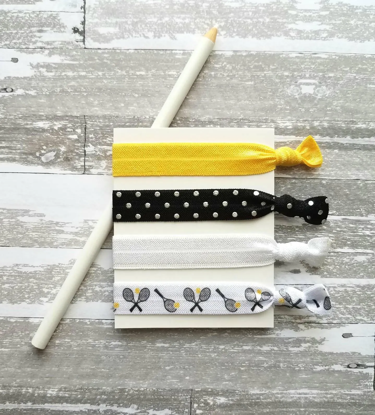 Tennis Hair Elastic Set, tennis ponytail holder, tennis hair band, tennis hair elastic, black yellow hair tie, polka dot hair set, accessory